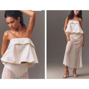 Anthroplogie Mare Mare Linen Blend Strapless Silky Bubble Blouse S NWT 138 White